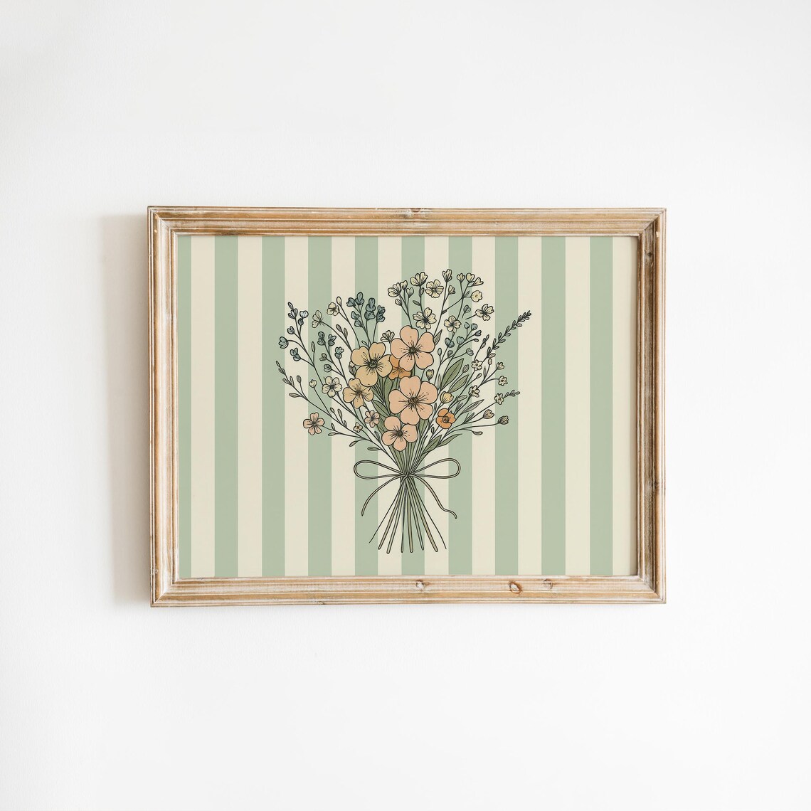 Wildflower Bouquet Tied With Bow Sage Striped Floral Art Poster