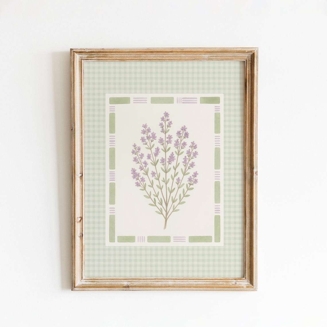Lavender Botanical Print With Green Gingham Checkered Border