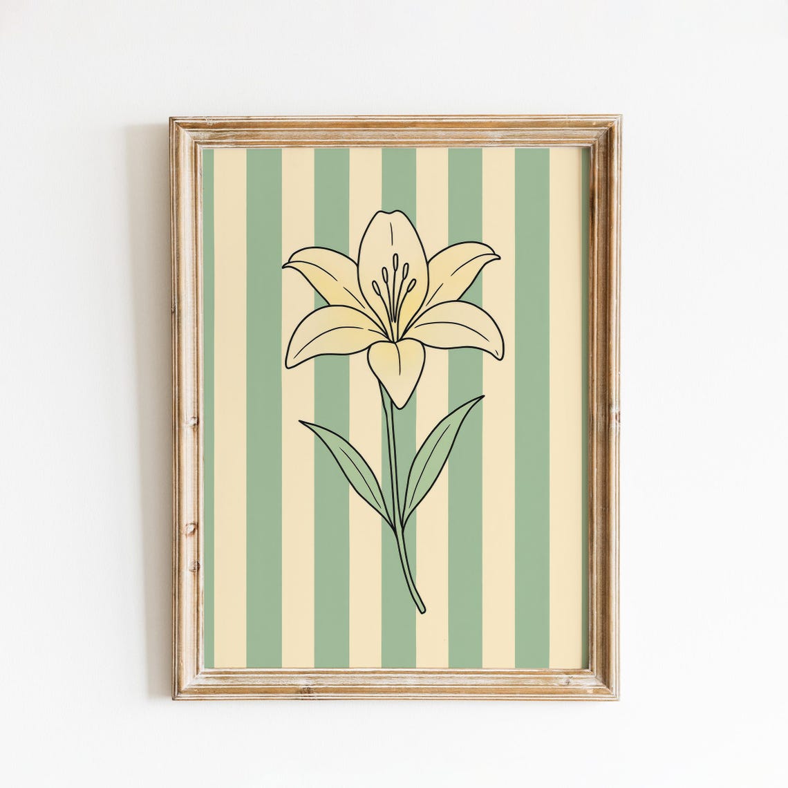 Cream Lily Flower Line Art Green Striped Vintage Botanical Poster