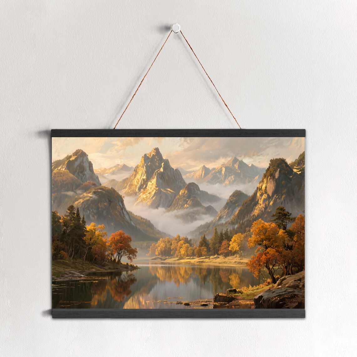 Misty Autumn Mountain Lake Landscape Oil Painting Art Poster