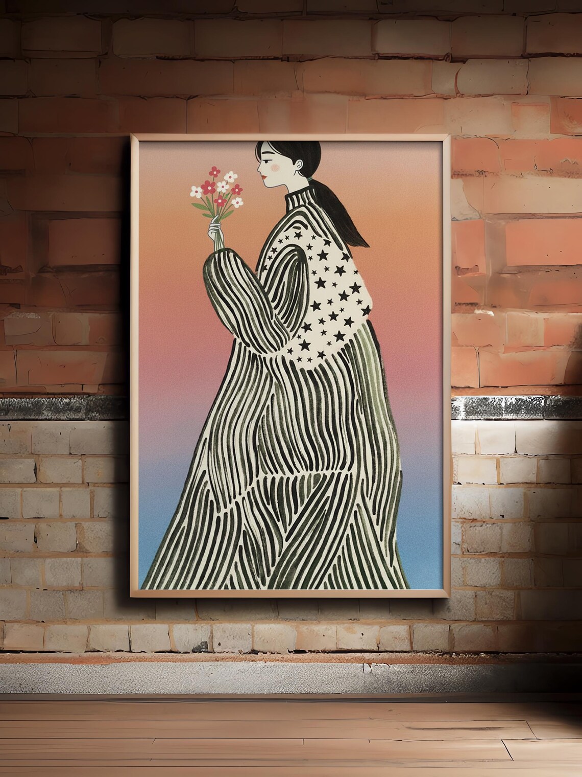 Woman Holding Wildflowers Starry Striped Dress Modern Portrait Poster