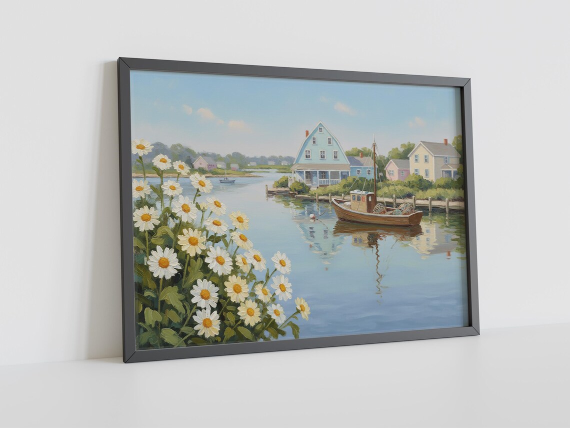Nantucket Harbor White Daisies Sailboat Fishing Boat Art Poster