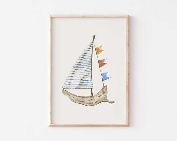 Watercolor Sail Boat Print Nautical Nursery Decor Summer Art Cute Beach House Decor Neutral Coastal Wall Art