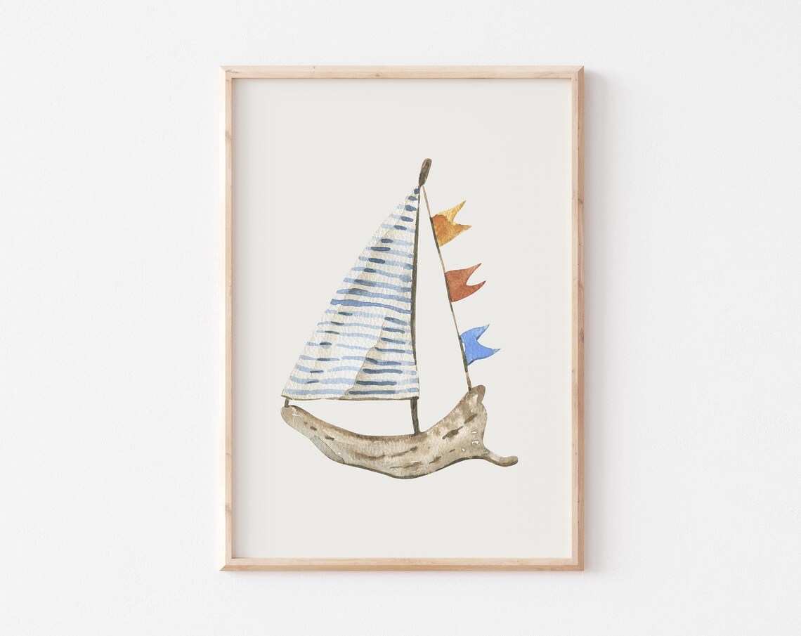 Driftwood Sailboat Blue Striped Sail Colorful Flags Watercolor Poster