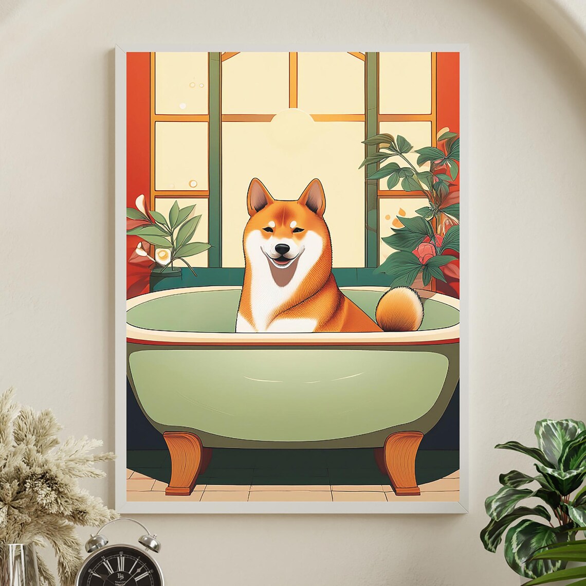 Shiba Inu In Sage Bathtub Orange Shoji Window Japanese Dog Poster