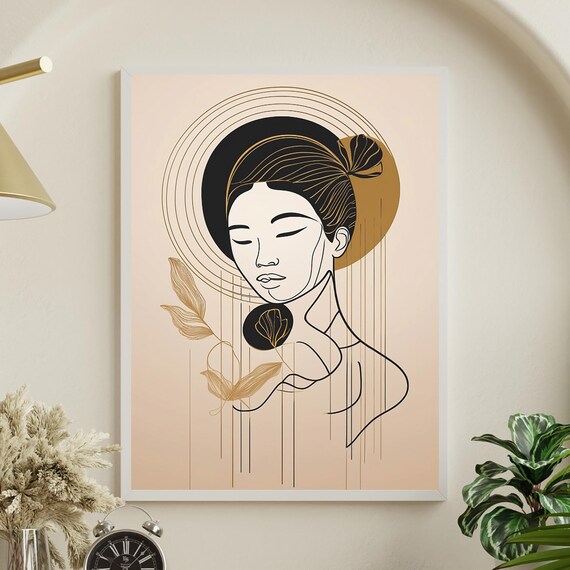 Japandi Line Art Portrait Minimalist Woman Wall File Gold Black Modern Print Boho Scandinavian Style Poster Ready For
