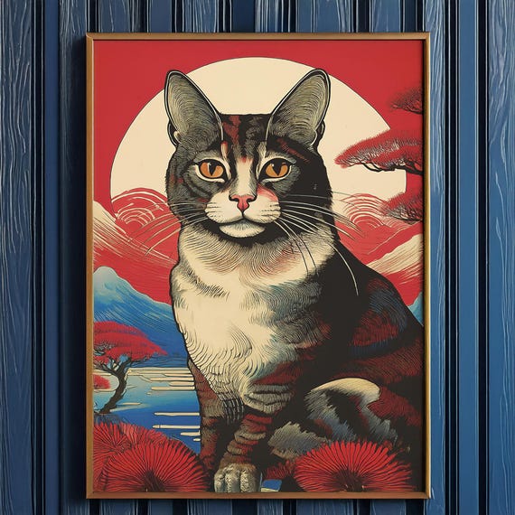 Japanese Cat Wall Art Japandi Poster Red Sun Minimalist Decor Animal Zen Illustration Boho