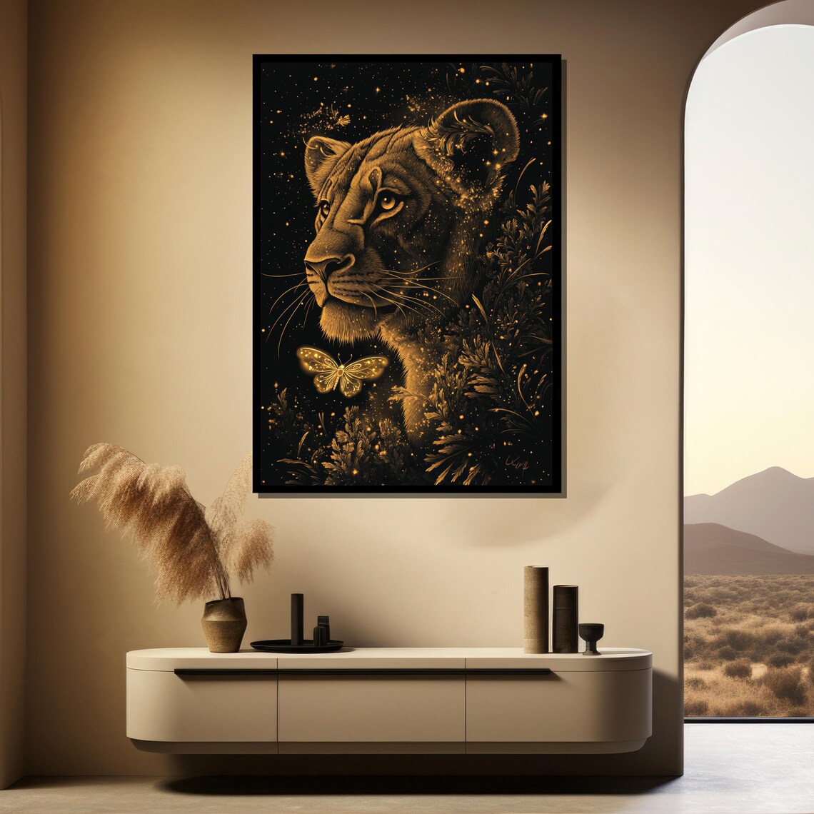 Golden Lioness Portrait with a Glowing Butterfly Elegant Wildlife Poster - Image 4