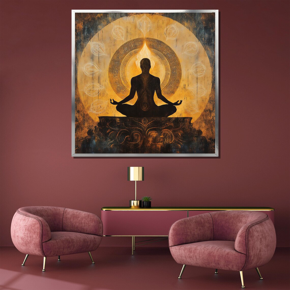 Dark Meditator Silhouette Before a Golden Flame Halo Art Poster - Image 3