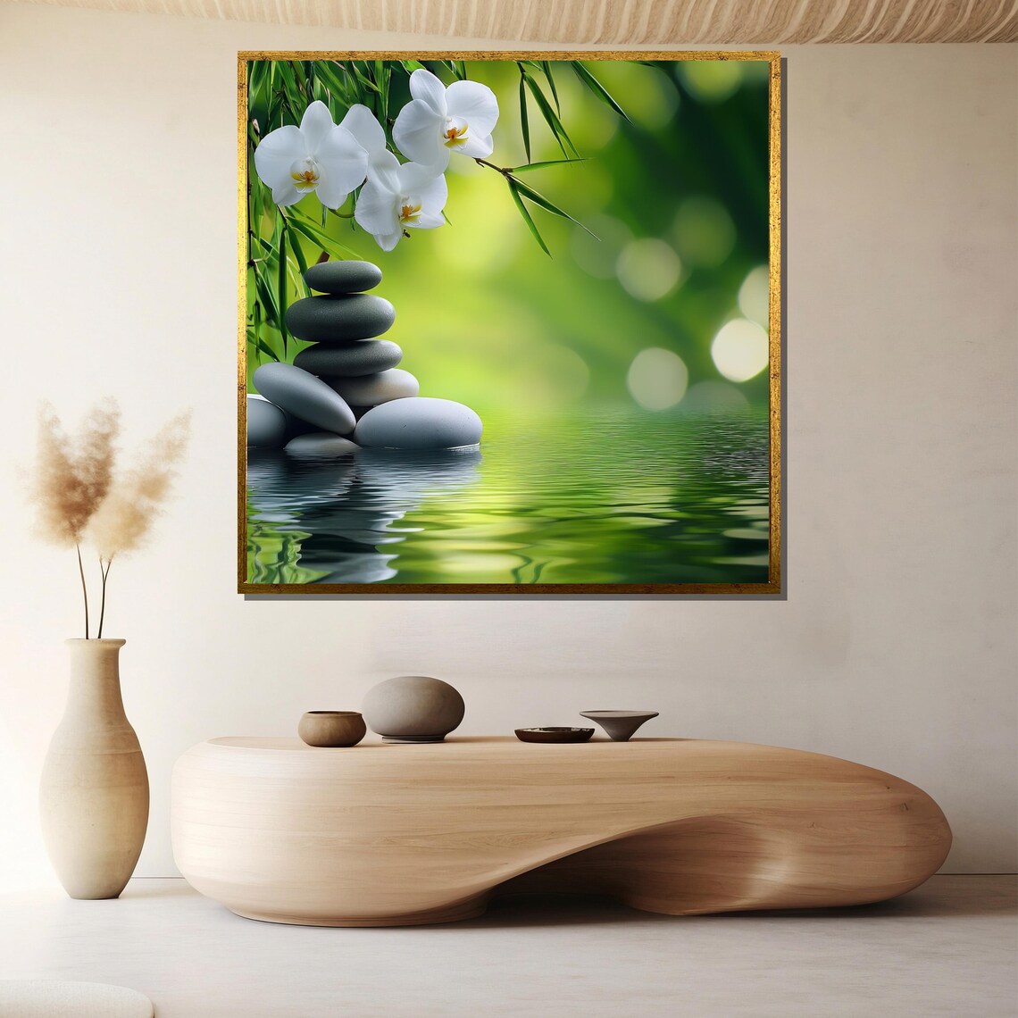 White Orchids and Zen Stones Over Calm Water in Nature Poster