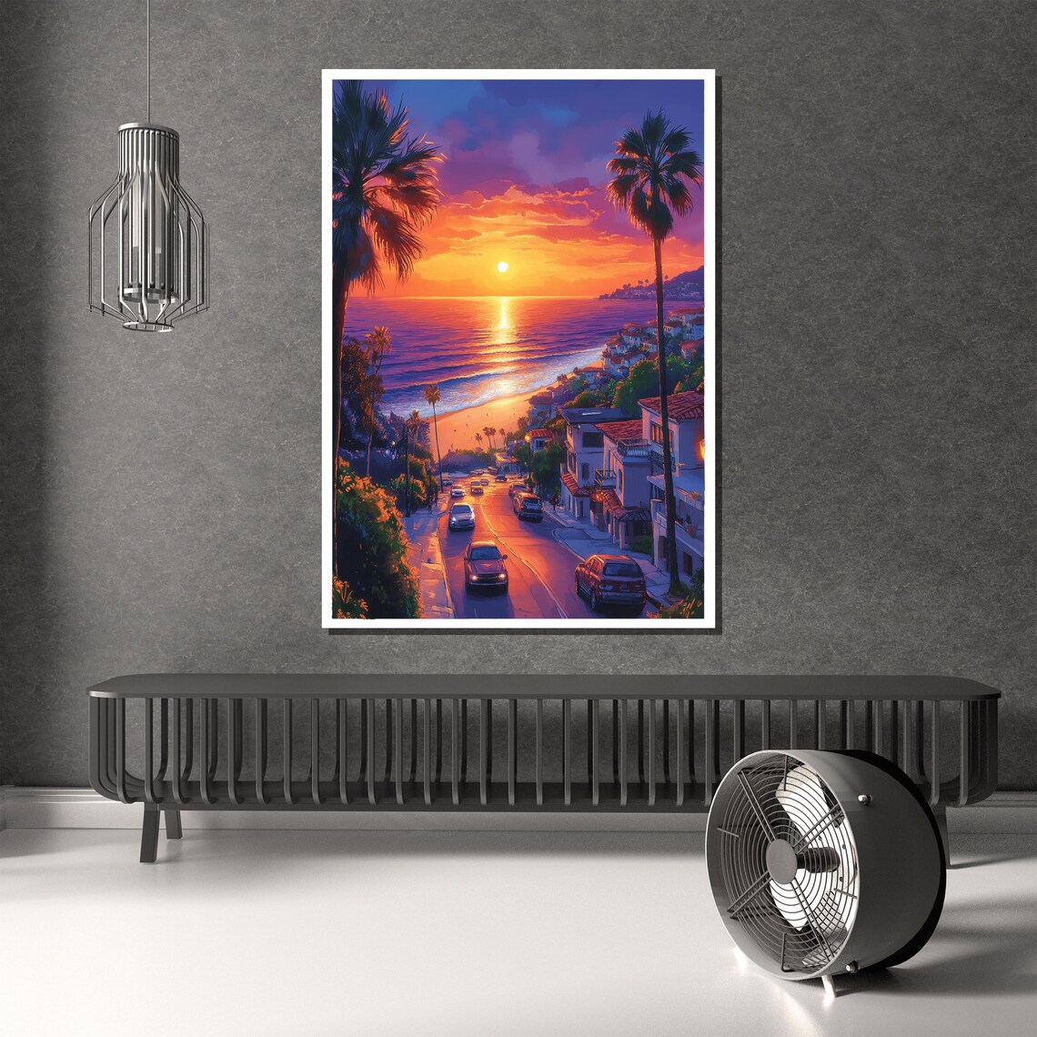 Coastal Beach Town Sunset Street With Palm Trees Ocean Art Poster - Image 2