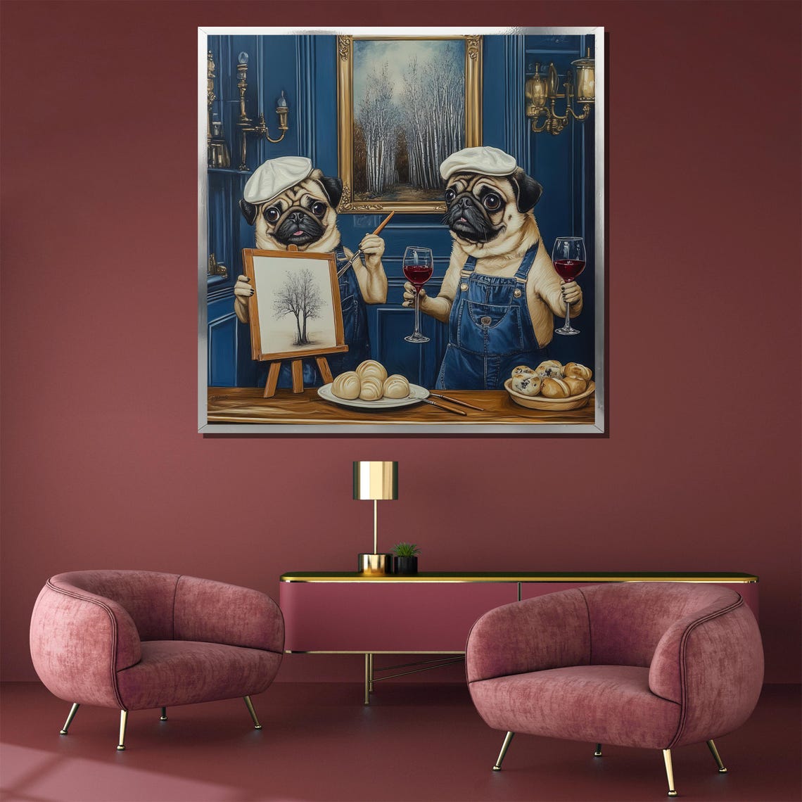 Pug Artists Painting Wine And Cheese French Studio Funny Poster - Image 3
