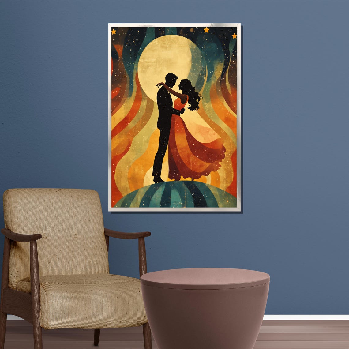 Romantic Couple Silhouette Embracing Beneath a Celestial Moon Poster - Image 3