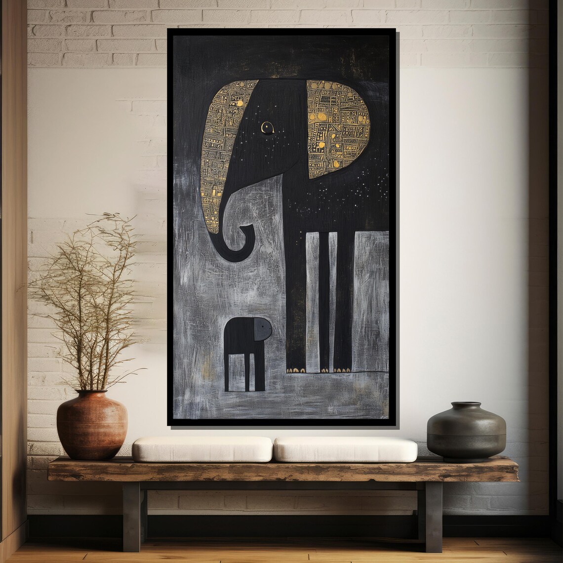 Minimalist Elephant Mother and Calf in Black and Gold Poster - Image 4