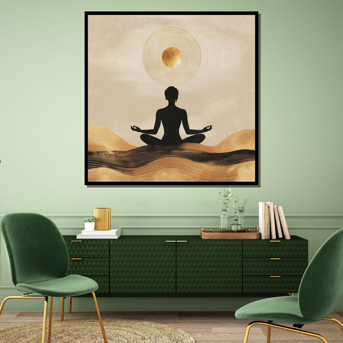 Golden Meditation Silhouette Sun Over Waves Minimalist Wall Poster - Image 4