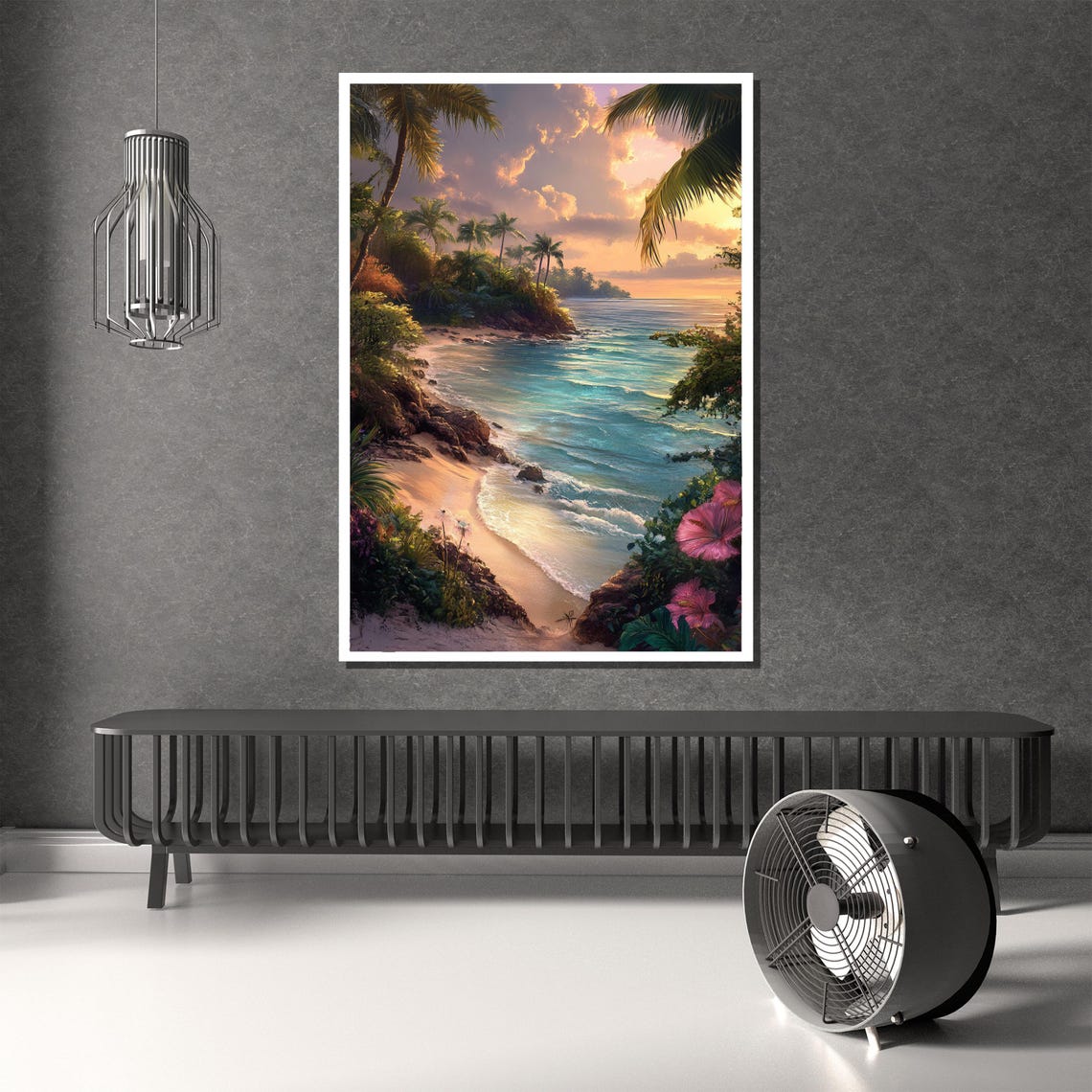 Tropical Beach Cove Sunset Palm Trees Hibiscus Ocean Waves Poster - Image 2