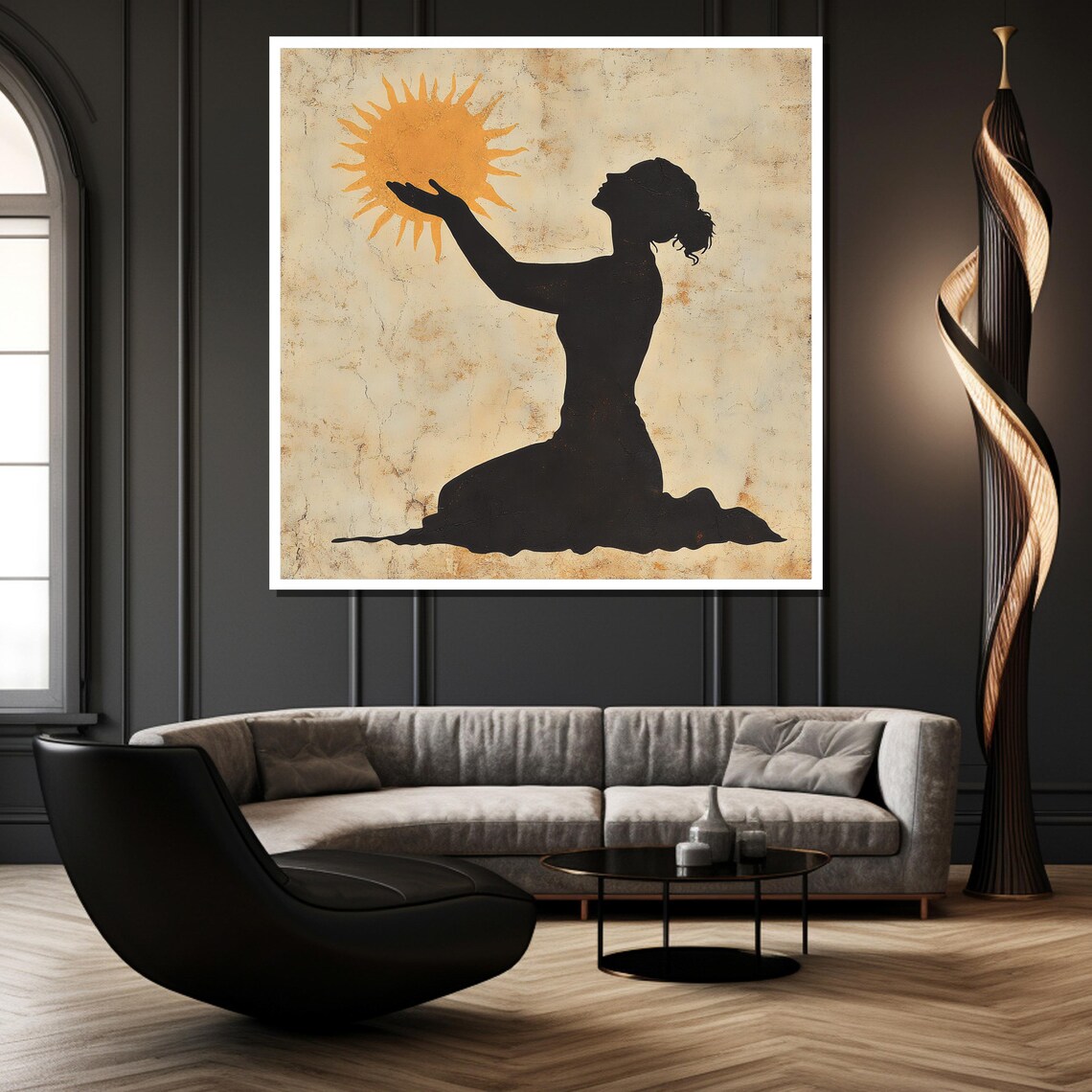 Kneeling Silhouette Woman Cradling A Radiant Golden Sun Poster - Image 2