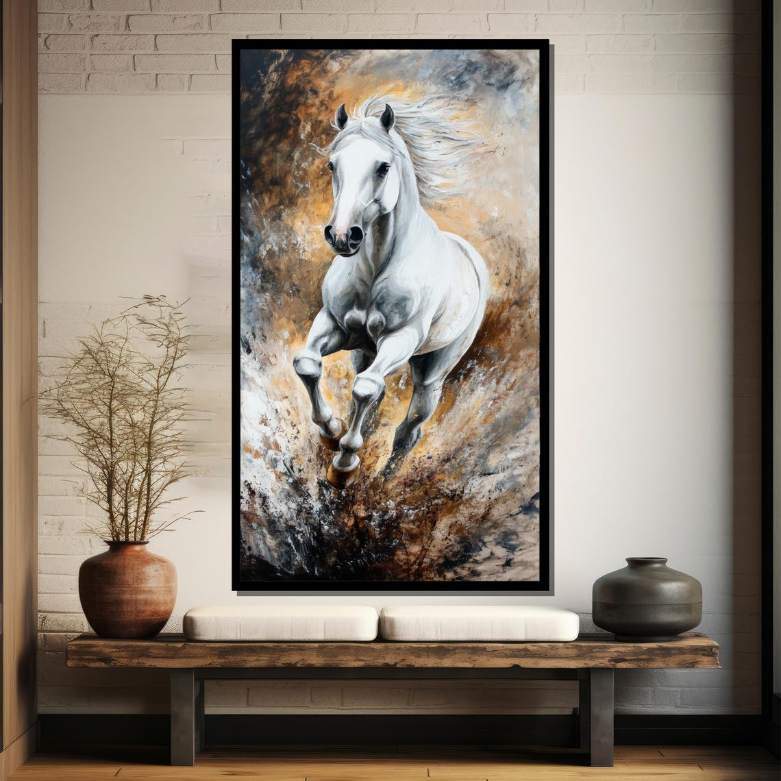 White Horse Galloping Through Dynamic Gold Brown Swirl Poster - Image 4