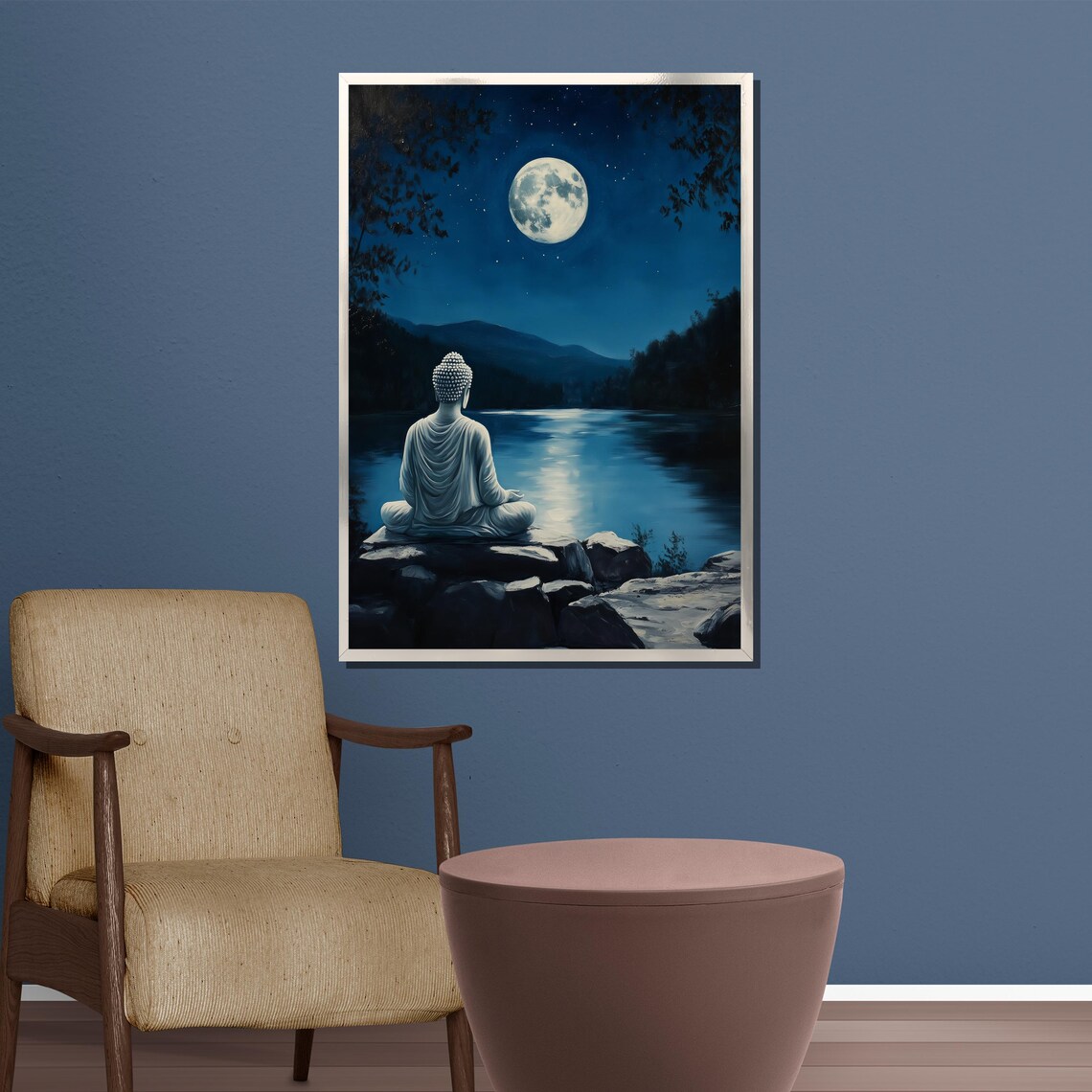 White Buddha Meditating by a Moonlit Lake Under Full Moon Poster - Image 3
