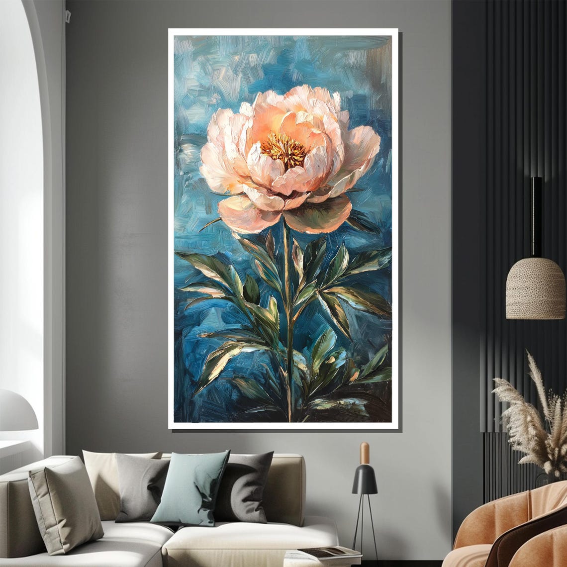 Blush Pink Peony Bloom On Deep Teal Blue Painterly Art Poster - Image 2