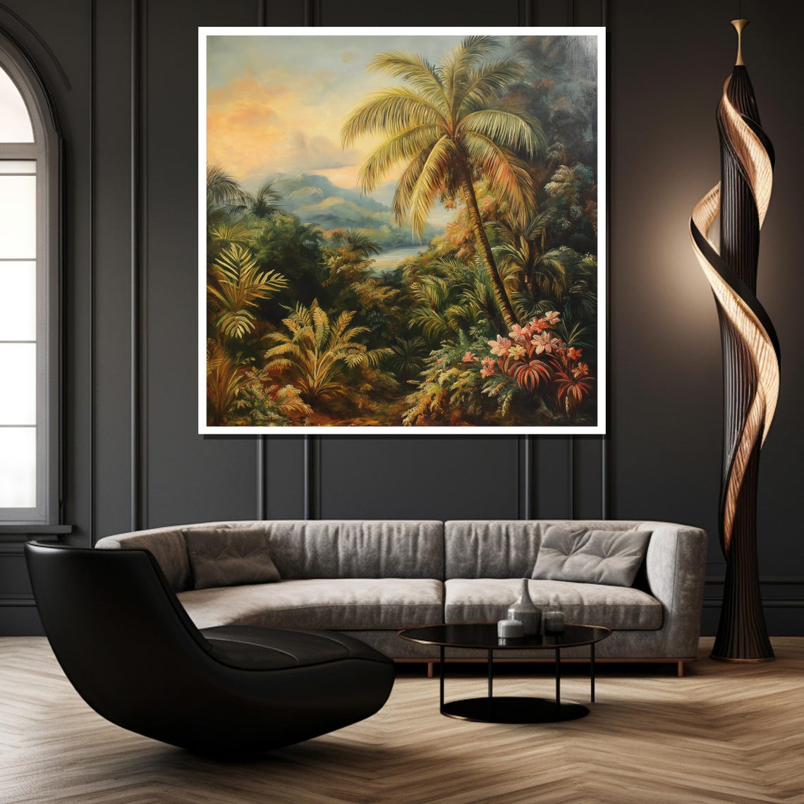 Lush Tropical Jungle Palm Trees and Misty Mountains Artwork Poster - Image 3