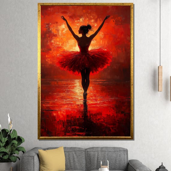 Fiery Ballerina Painting Elegant Red Dance Silhouette Art Gift Reflecting Passion And Grace In Bold Sunset Hues