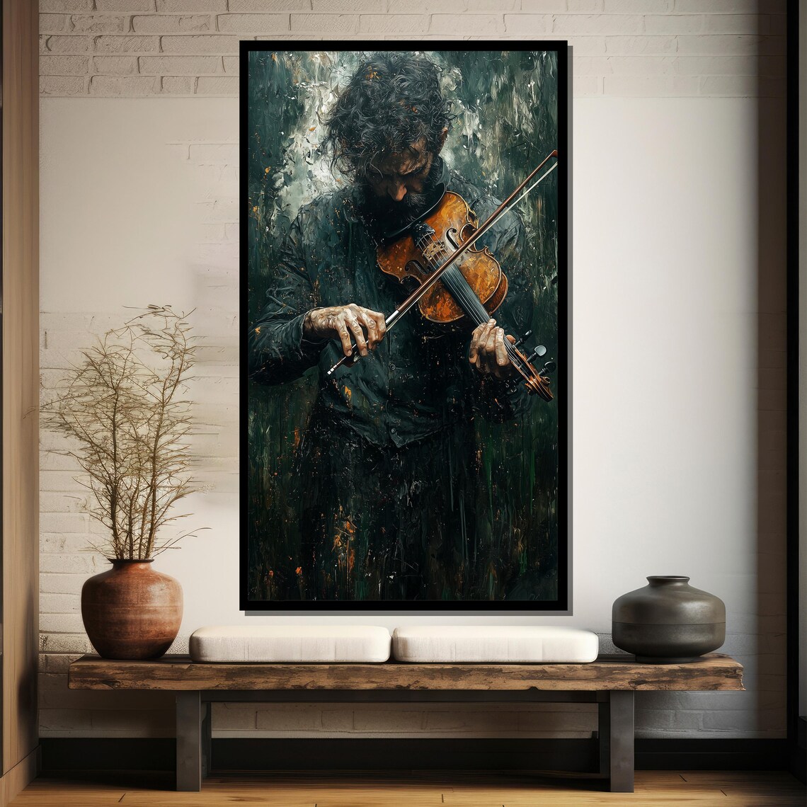 Moody Violinist Lost in Music Dark Green Expressive Oil Art Poster - Image 4