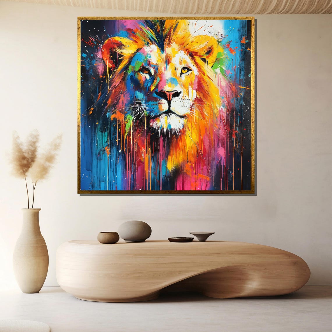 Vibrant Abstract Lion Painting Bold And Colorful Wall Art Gift For Living Room Or Office Modern Wildlife Decor