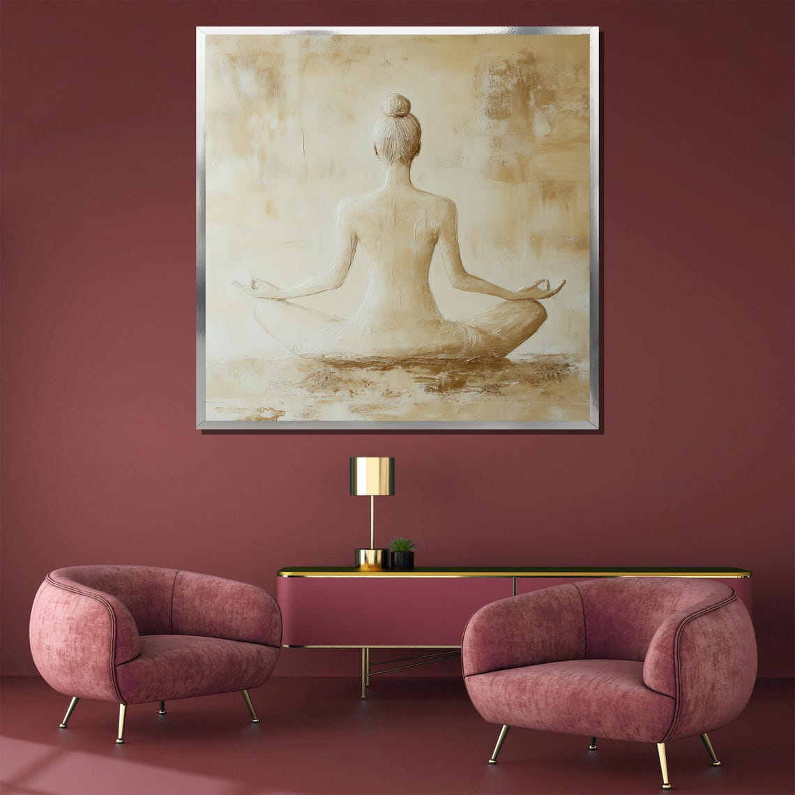 Woman Meditating From Behind in Soft Cream Minimalist Poster - Image 3
