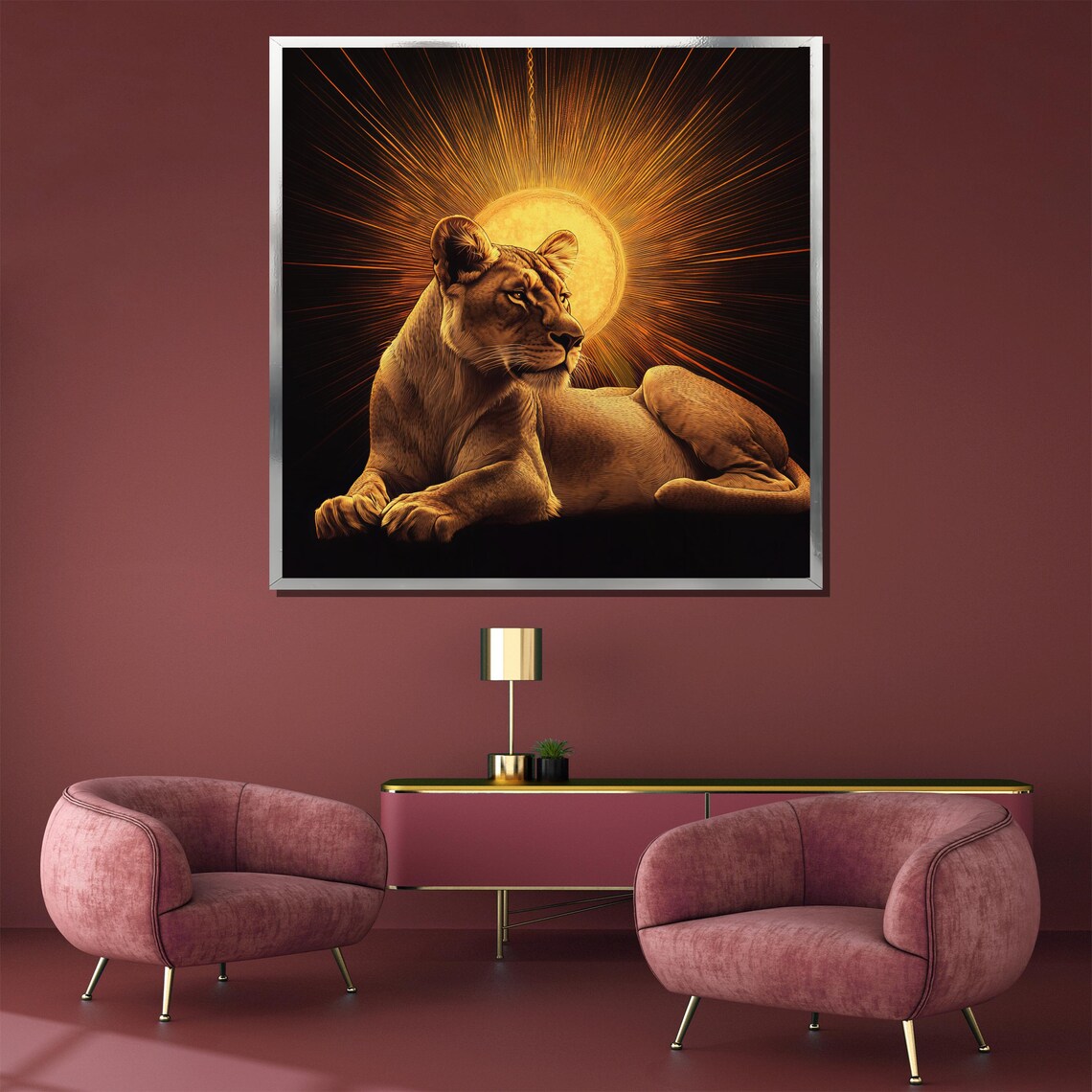 Reclining Lioness Before Radiant Sunburst Halo Golden Poster - Image 3
