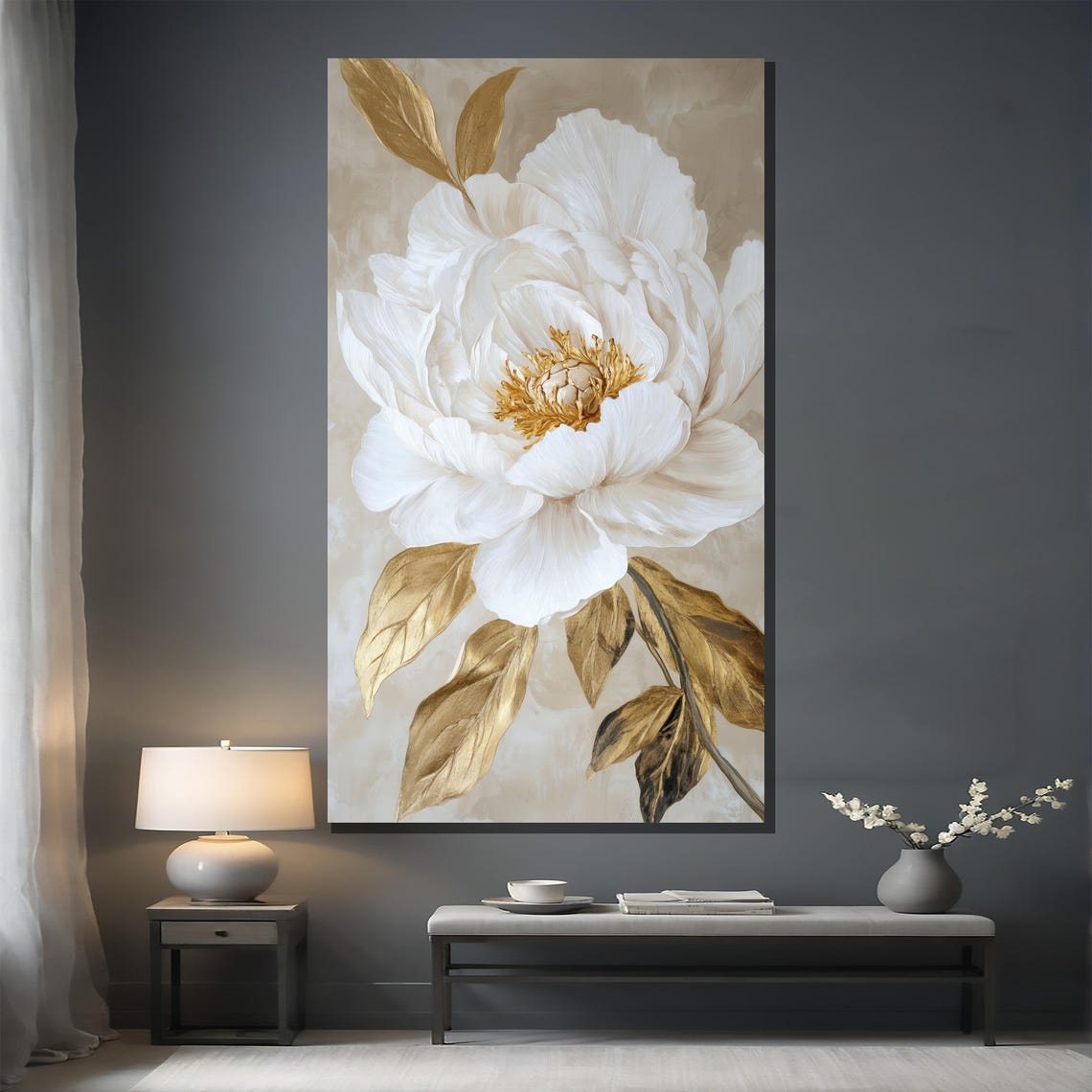 Beautiful White Peony with Gold Leaves Elegant Floral Poster - Image 2