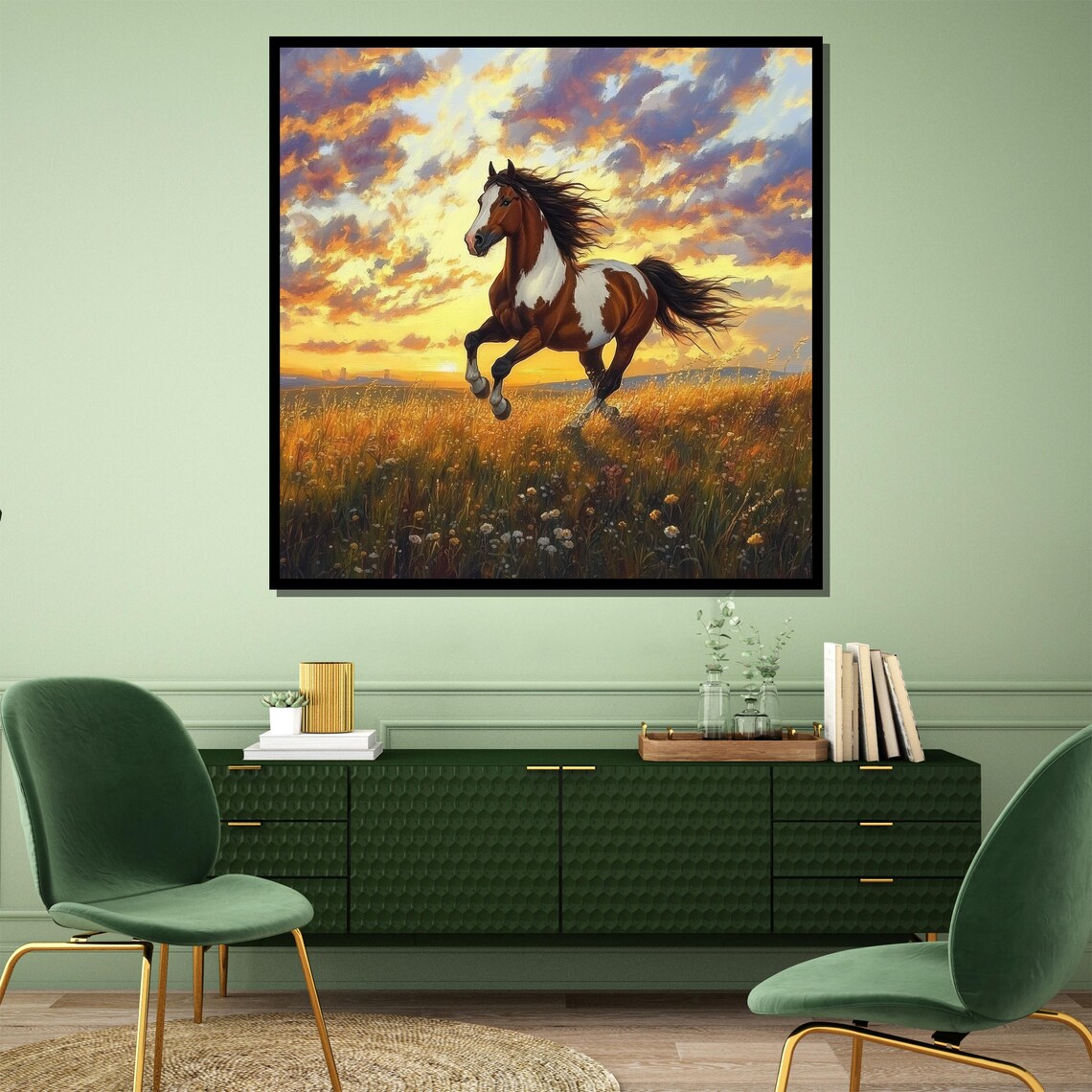 Pinto Horse Galloping Through a Flowered Sunset Field Poster - Image 4