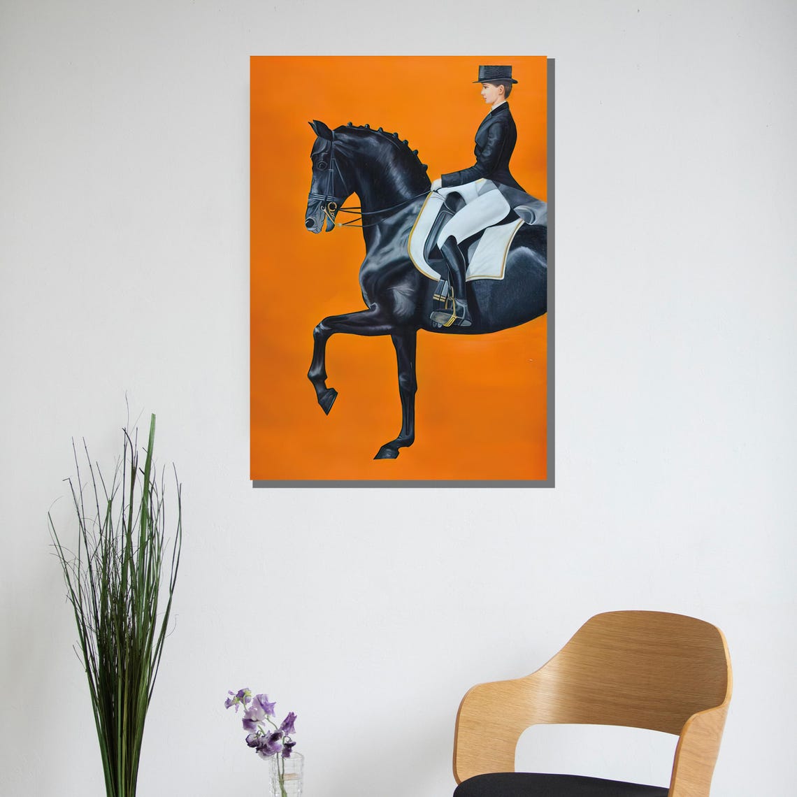 Equestrian Rider Modern Wall Art Bold Black Horse And Orange Background Elegant Dcor Statement - Image 3