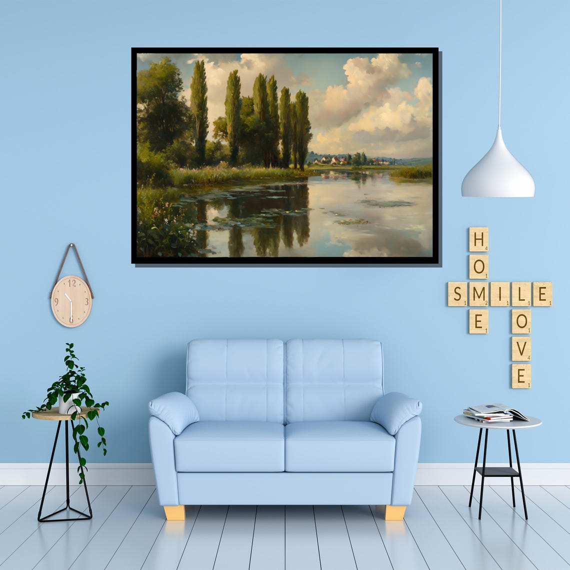 Serene Countryside Lake Tall Poplars Impressionist Art Poster - Image 4
