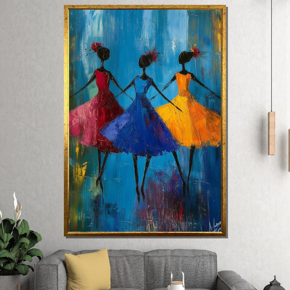 Three Dancing Ladies Colorful Dresses Abstract Dance Wall Poster