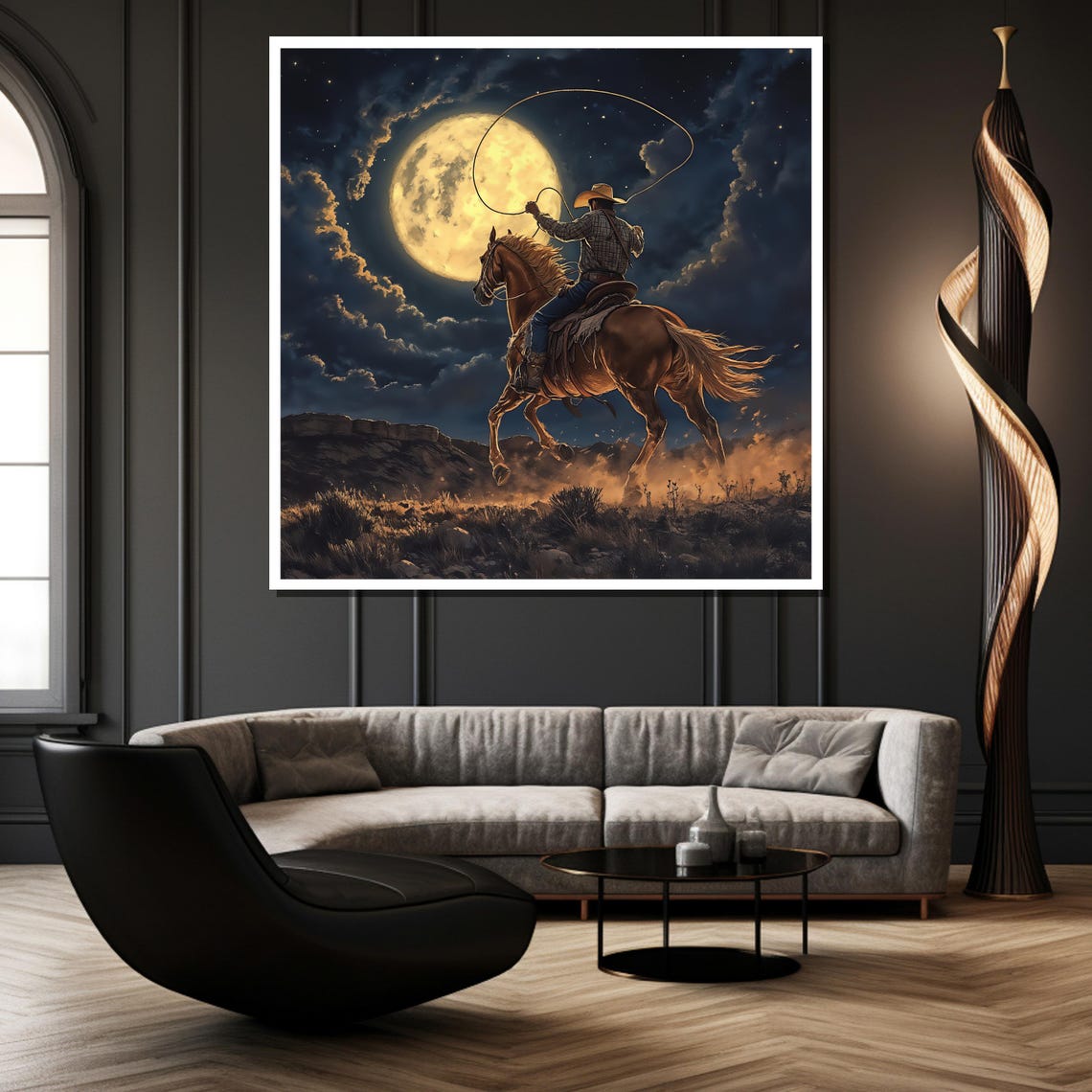 Midnight Lasso Cowboy Under Full Moon Night Horse Western Wall Poster - Image 3