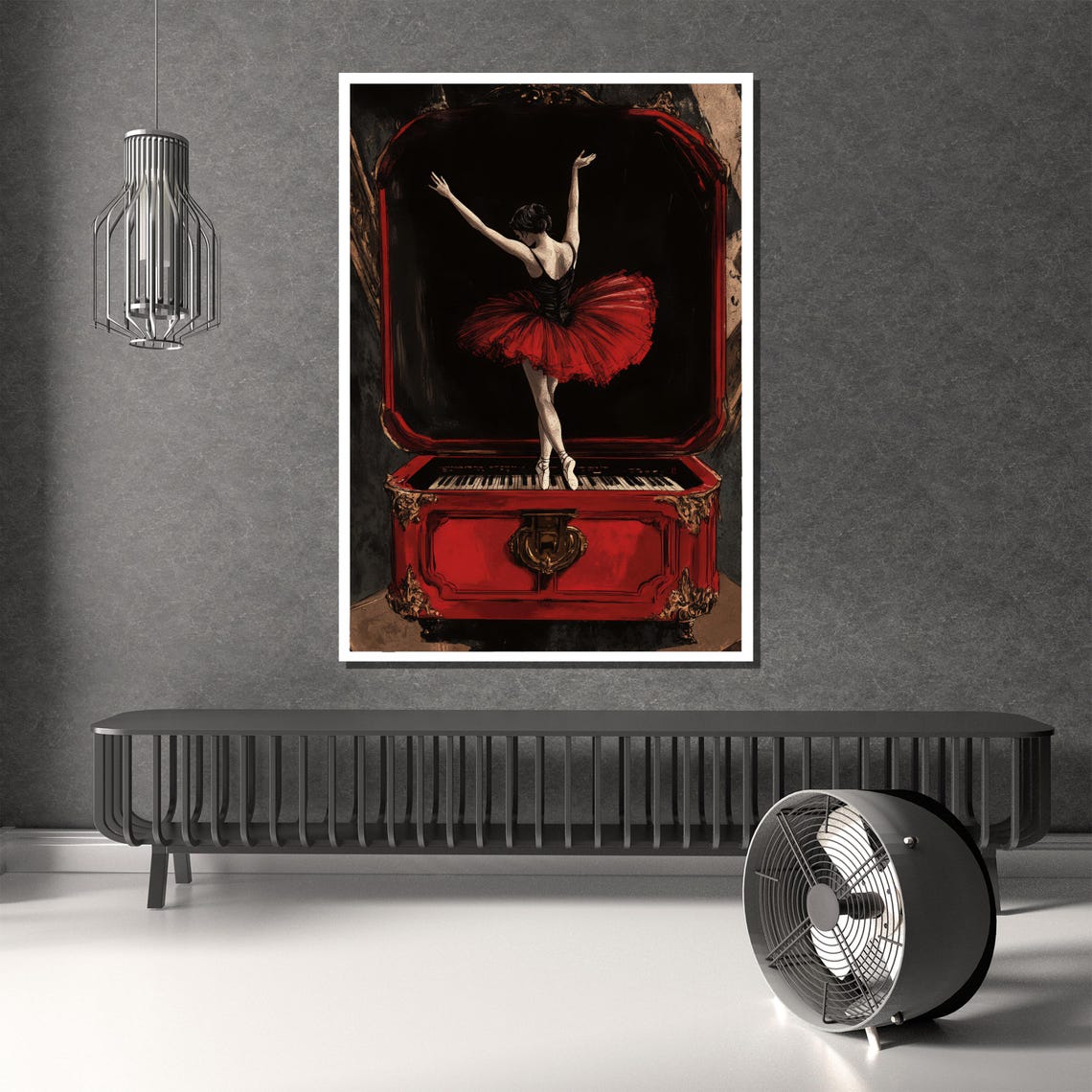 Ballerina in a Red Tutu Dancing on a Vintage Music Box Poster - Image 2