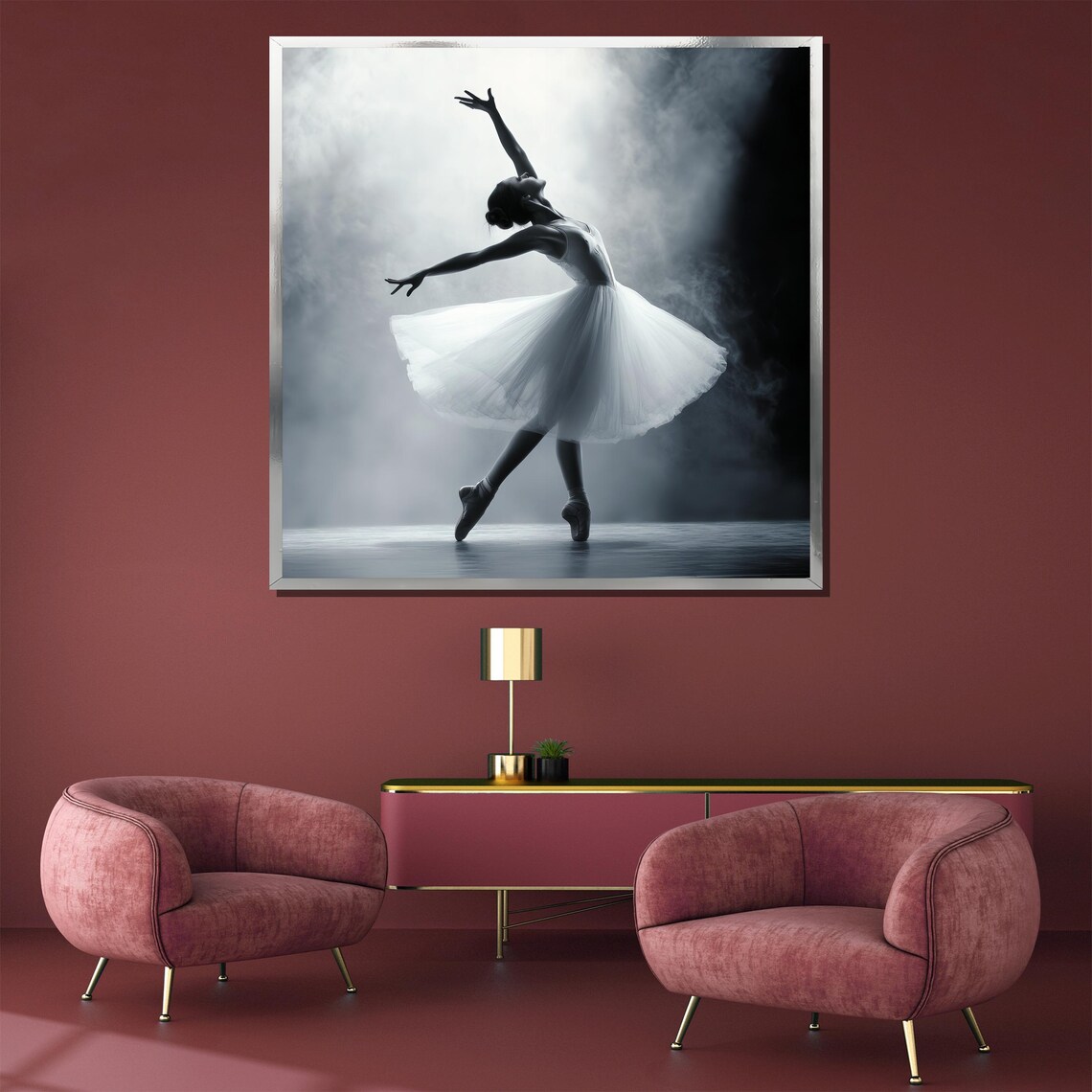 Monochrome Ballerina in a White Tutu on a Smoky Stage Poster - Image 3