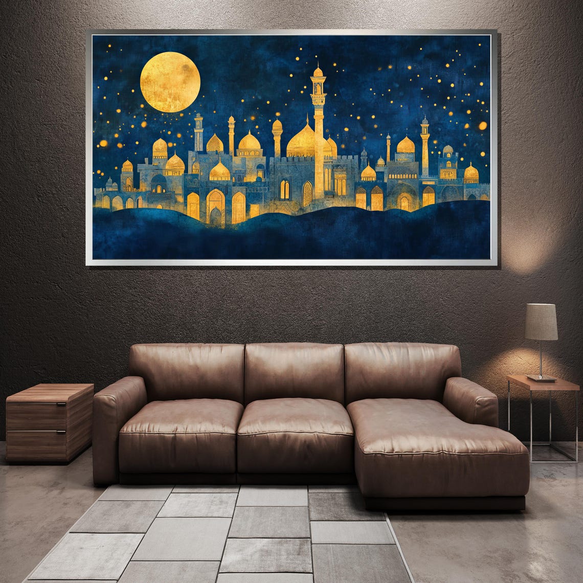 Golden Mosque Domes and Minarets Under Full Moon Night Sky Poster - Image 3