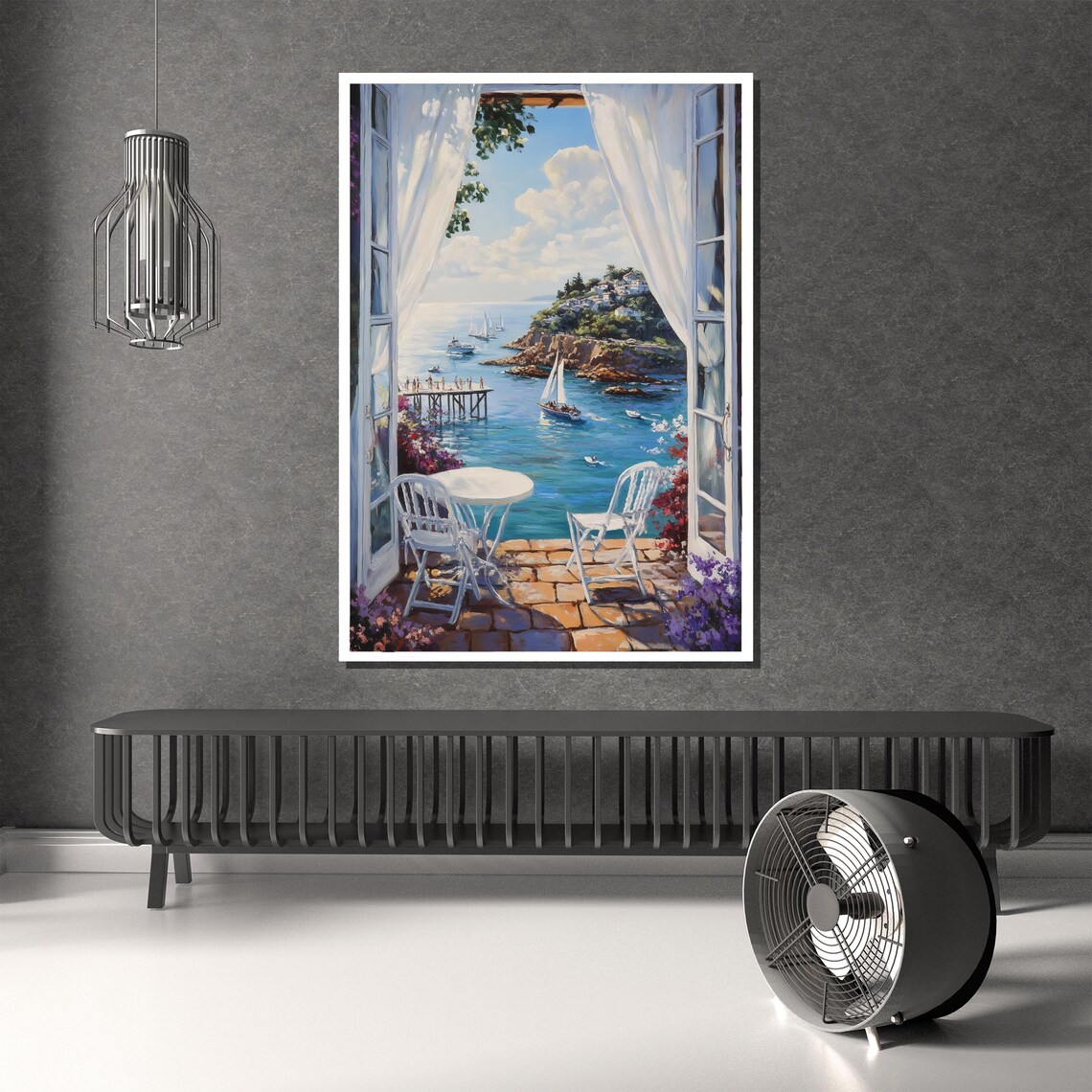Sunlit Balcony Overlooking The Sea With Sailboats Painting Poster - Image 3