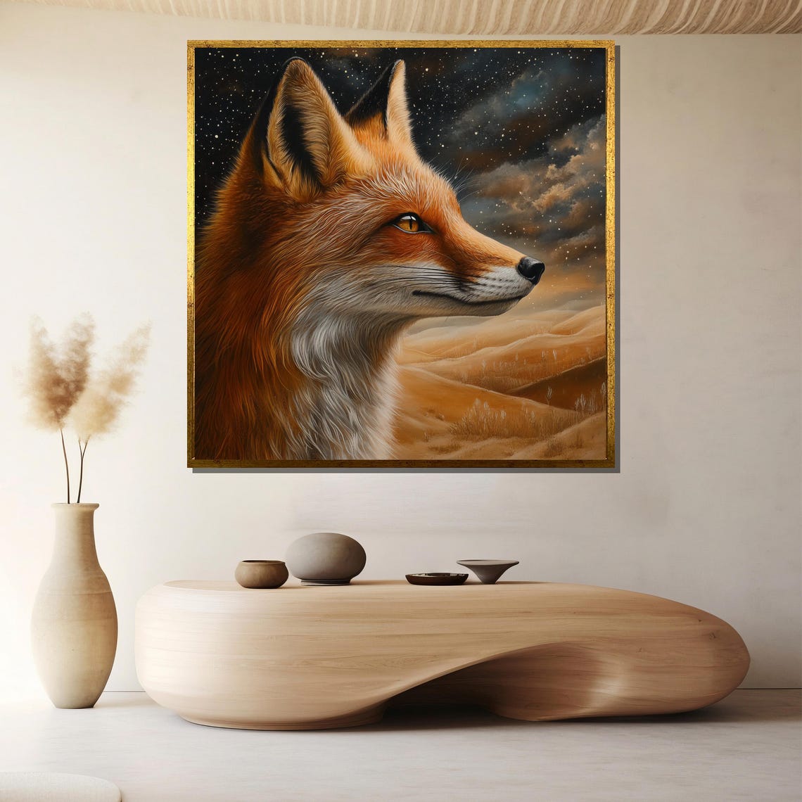 Red Fox Gazing Across Rolling Hills Under a Starry Night Sky Poster