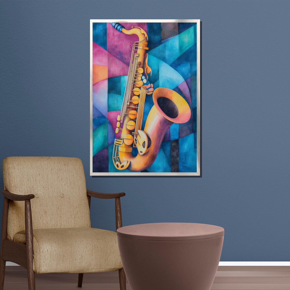 Golden Saxophone Purple Teal Cubist Jazz Painting Wall Poster - Image 3