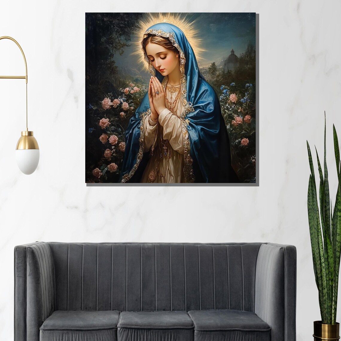 Praying Virgin Mary Blue Veil Rose Garden Night Religious Poster - Image 3