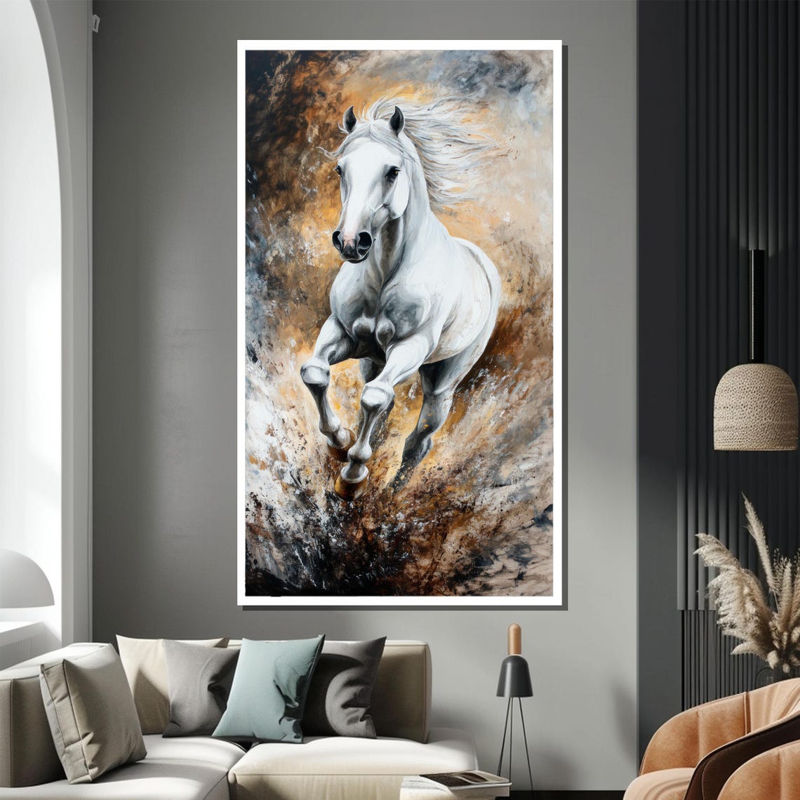 White Horse Galloping Through Dynamic Gold Brown Swirl Poster - Image 2