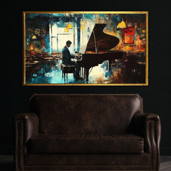 Pianist at Grand Piano in Moody Lamplit Cafe Impressionist Poster