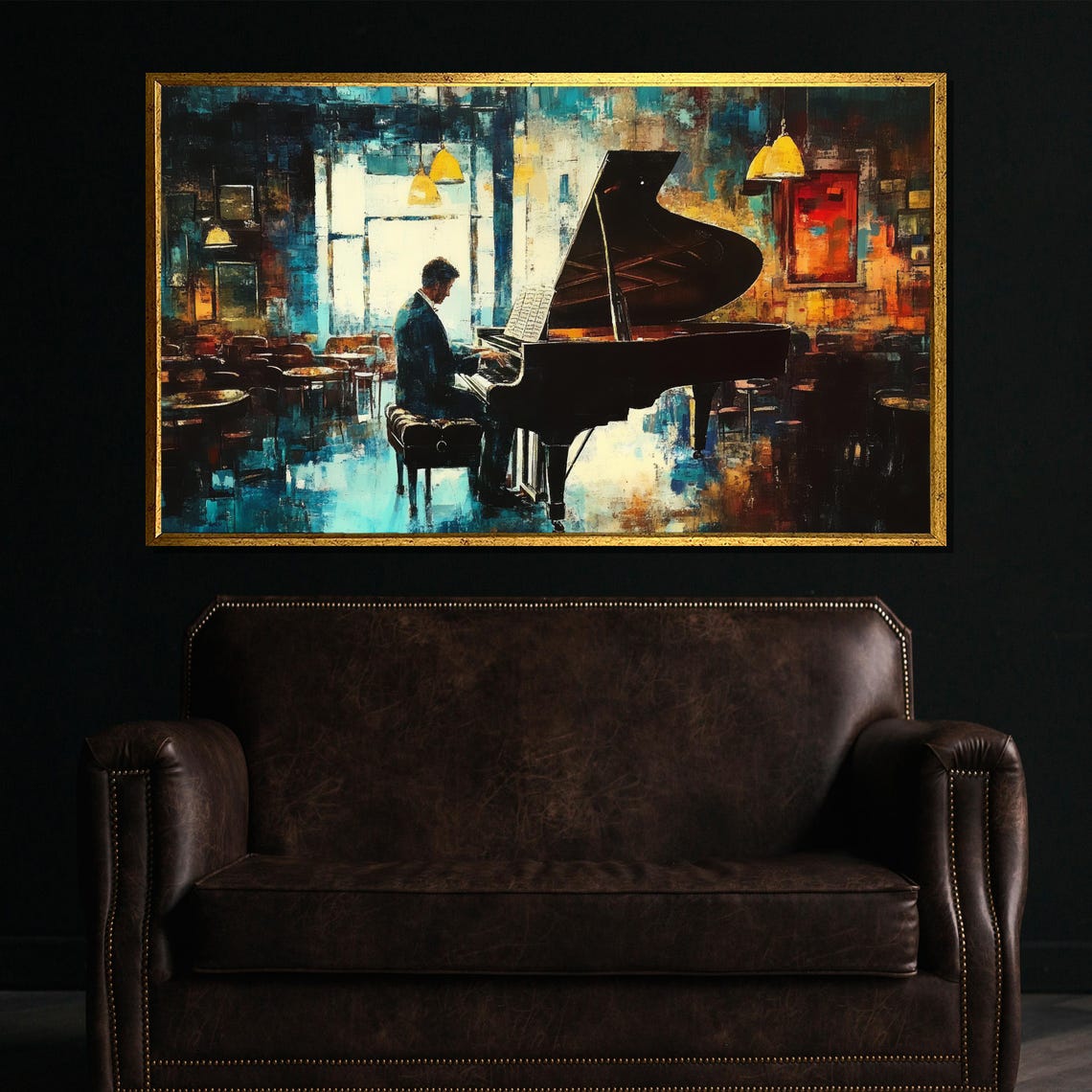 Pianist at Grand Piano in Moody Lamplit Cafe Impressionist Poster
