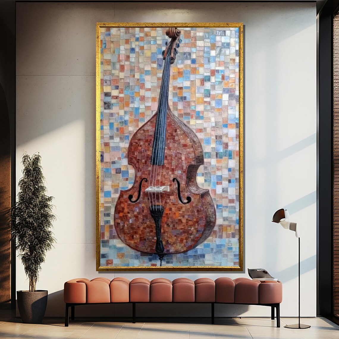 Double Bass Mosaic Tile Painting Musical Instrument Wall Poster