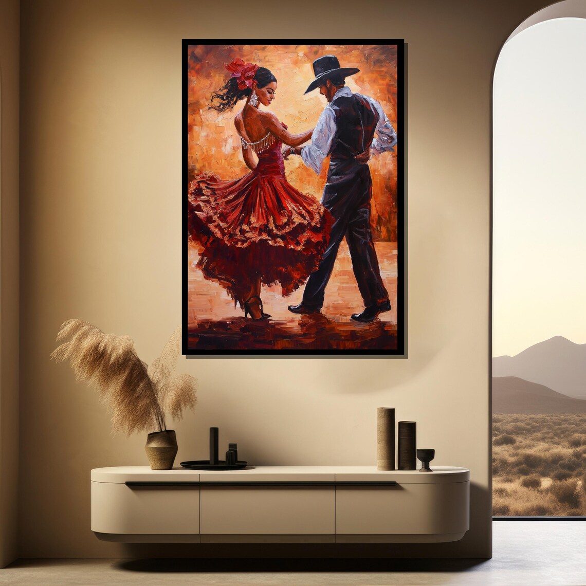 Passionate Flamenco Dancers in Red Dress Warm Oil Painting Poster - Image 4