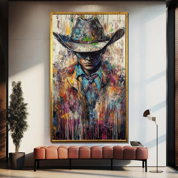 Abstract Cowboy Painting Western Wall Art Colorful Rustic Home Decor Modern Country Artwork Large Print Unique Gift Idea
