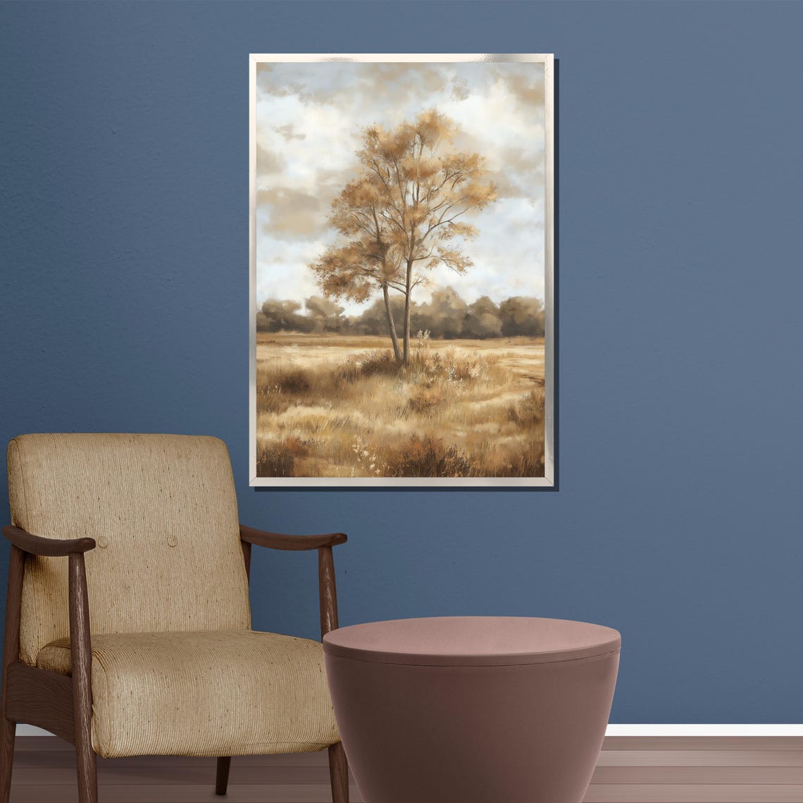 Rustic Tree Painting Neutral Landscape Wall Art Farmhouse Decor Gift For Living Room Or Office - Image 4